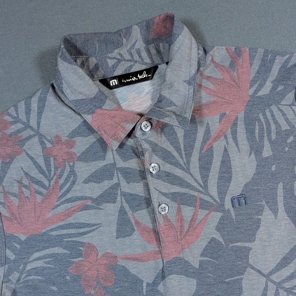 TravisMathew Polo Shirt Mens Small Blue Pink Tropical Floral Palm Print S